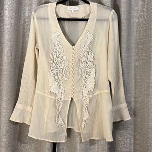 Eri + Ali Women Ivory Long Sleeve Button-down Lace Shirt